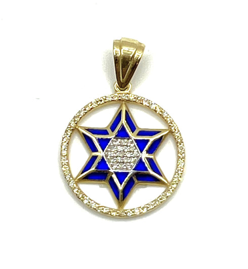 14K Gold & Diamond With Blue Enamel Star of David Round Necklace